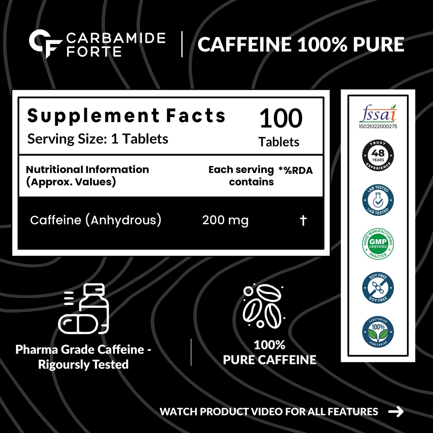 Carbamide Forte Caffeine Tablets | Pre Workout For Men & Women | 200mg Caffeine Pills | Gym Supplement for Men and Women | 100 Veg Tablets For Pre Workout