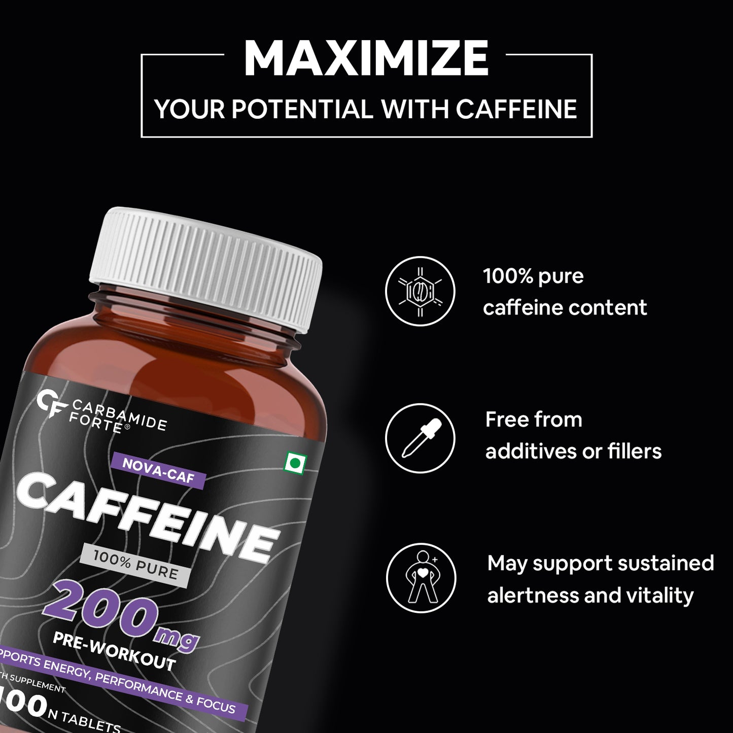 Carbamide Forte Caffeine Tablets | Pre Workout For Men & Women | 200mg Caffeine Pills | Gym Supplement for Men and Women | 100 Veg Tablets For Pre Workout