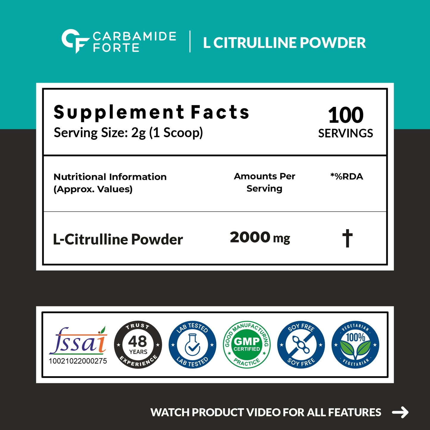Carbamide Forte L Citrulline Powder 2000mg | Boosts Nitric Oxide, Pre Workout Supplements for Men & Women - Unflavoured - 100 SERVINGS - 200g