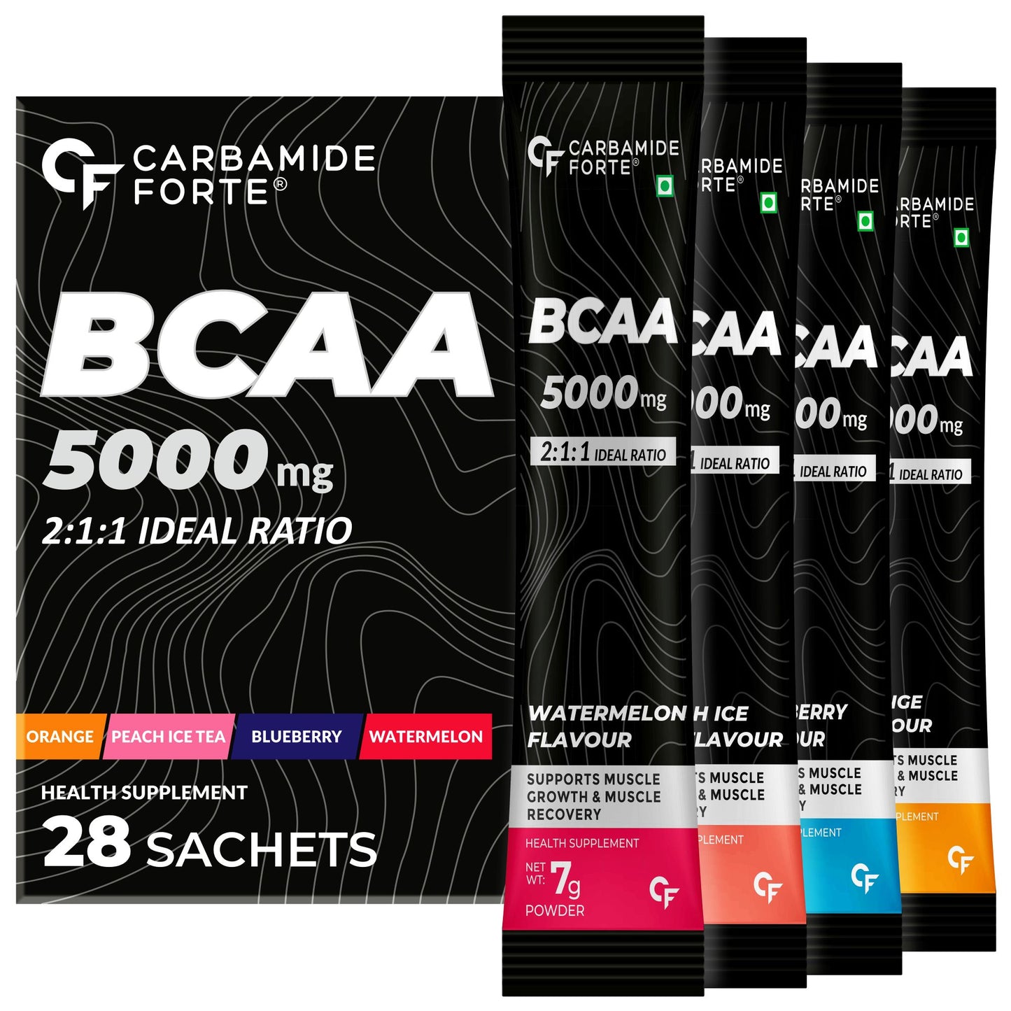 Carbamide Forte BCAA Powder 5000mg 28 Sachets | BCAA Supplements For Women & Men Muscle Growth | 4 Flavors BCAA - Pack Of 28 BCAA Sachets