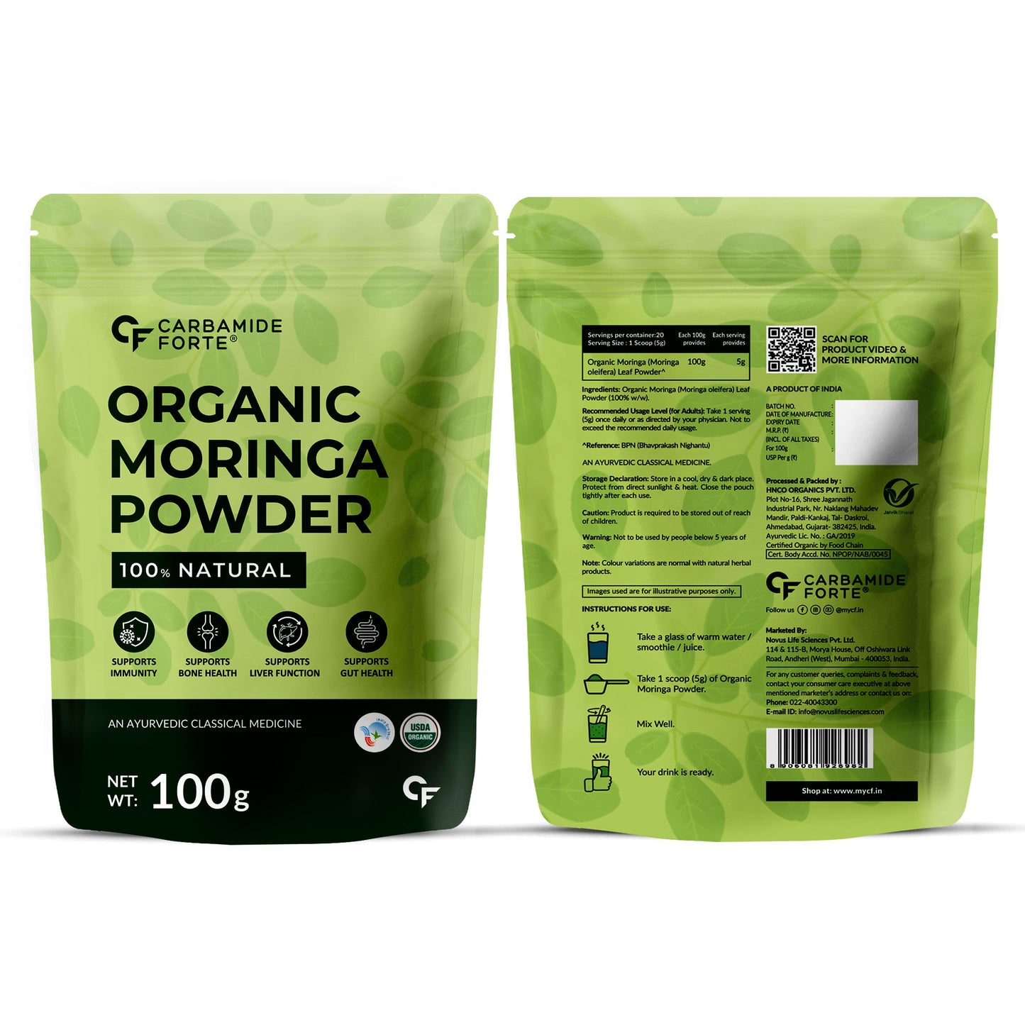 Carbamide Forte 100% Moringa Powder Organic - USDA Certified | Moringa Leaves Powder Organic for Immunity, Digestion & Energy | 100g
