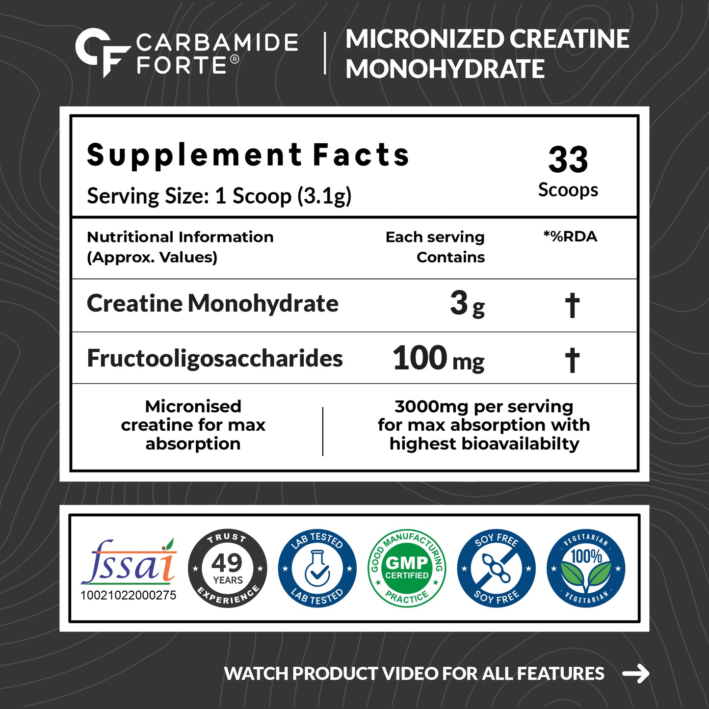 Carbamide Forte Monohydrate Creatine Powder | Micronized Monohydrate 103gm | Creatine Monohydrate Supplement for Lean Muscle, Strength & Energy - Unflavoured - 33 Servings - 103g