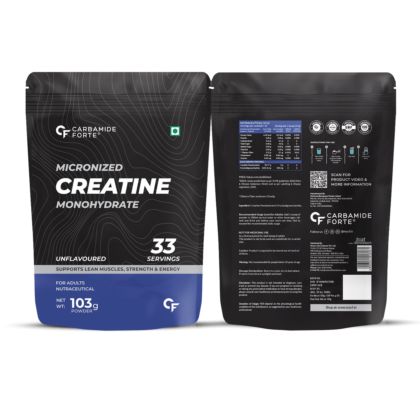 Carbamide Forte Monohydrate Creatine Powder | Micronized Monohydrate 103gm | Creatine Monohydrate Supplement for Lean Muscle, Strength & Energy - Unflavoured - 33 Servings - 103g