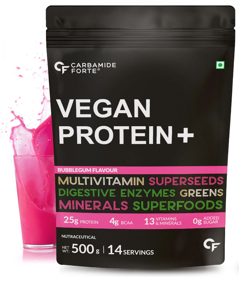 Carbamide Forte Plant Protein Powder - Plant Based Pea Protein Powder with Multivitamin, Minerals, Superfoods, Digestive Enzymes - Bubble Gum Flavour - 500g