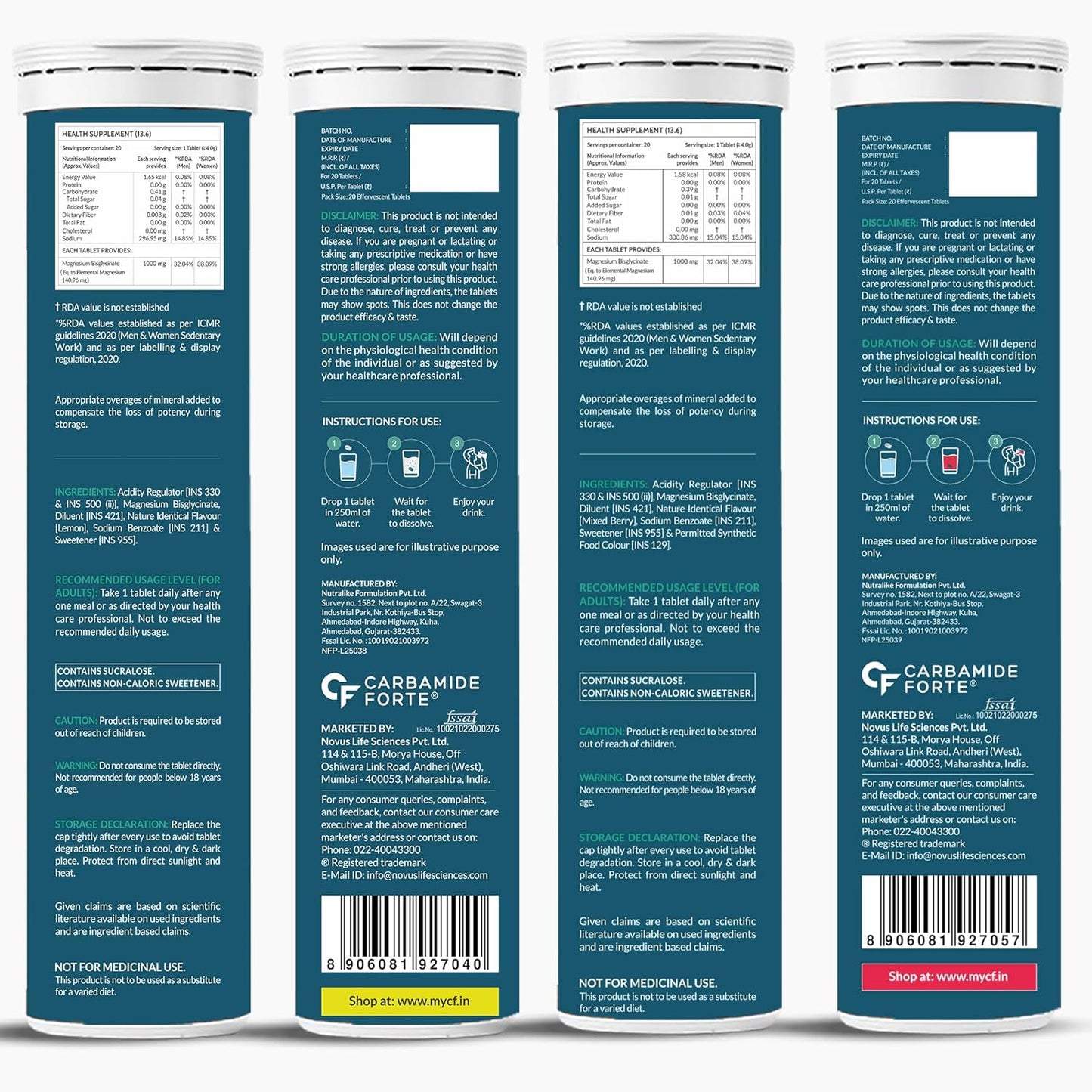 Carbamide Forte Magnesium Bisglycinate Effervescent Tablet 1000mg | Magnesium Glycinate Tablets | Supports Sleep, Muscle Cramp & Nerve Function - 2 X 20 Effervescent Tablets - Lemon & Mixed Berry Flavour