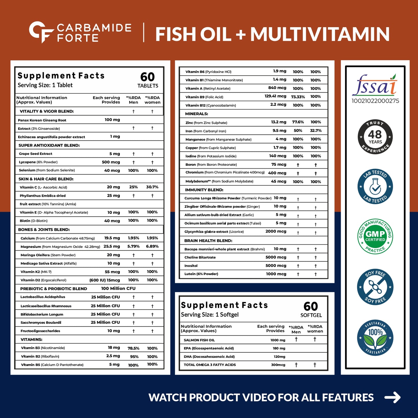 Carbamide Forte Multivitamin Tablet for Men and Women with Probiotics & Omega-3 Fish Oil Capsules | Daily Immunity, Heart, Brain & Joint Support | 60 Tablets + 60 Softgel Capsules