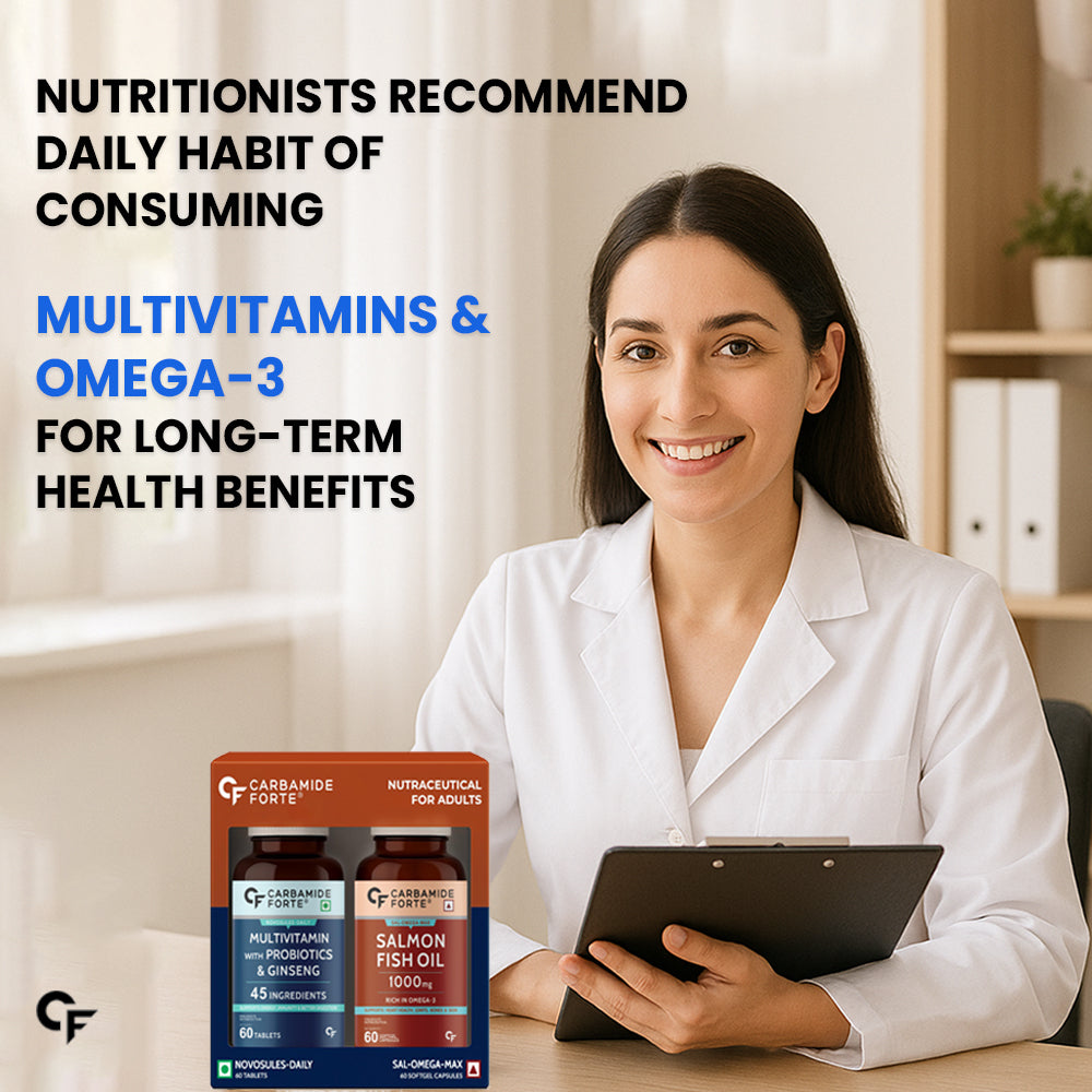 Carbamide Forte Multivitamin Tablet for Men and Women with Probiotics & Omega-3 Fish Oil Capsules | Daily Immunity, Heart, Brain & Joint Support | 60 Tablets + 60 Softgel Capsules