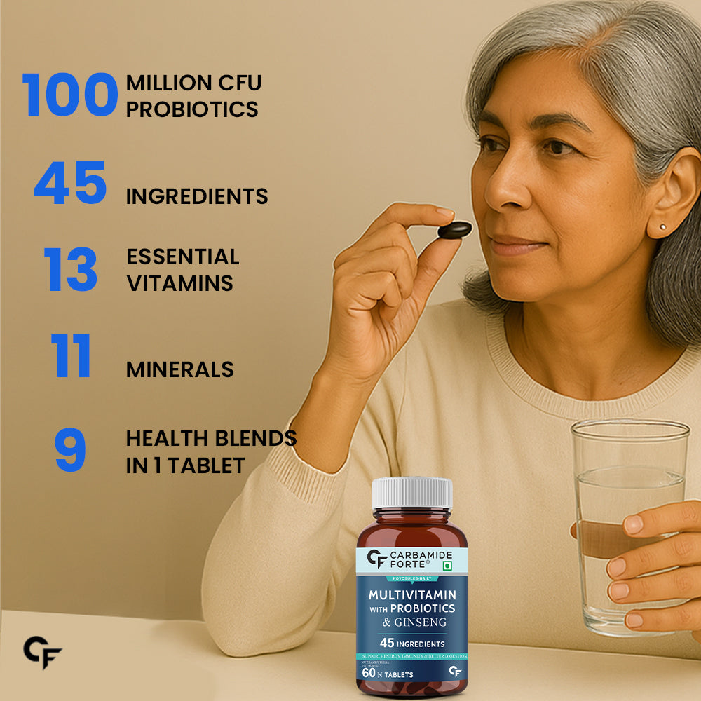 Carbamide Forte Multivitamin Tablet for Men and Women with Probiotics & Omega-3 Fish Oil Capsules | Daily Immunity, Heart, Brain & Joint Support | 60 Tablets + 60 Softgel Capsules