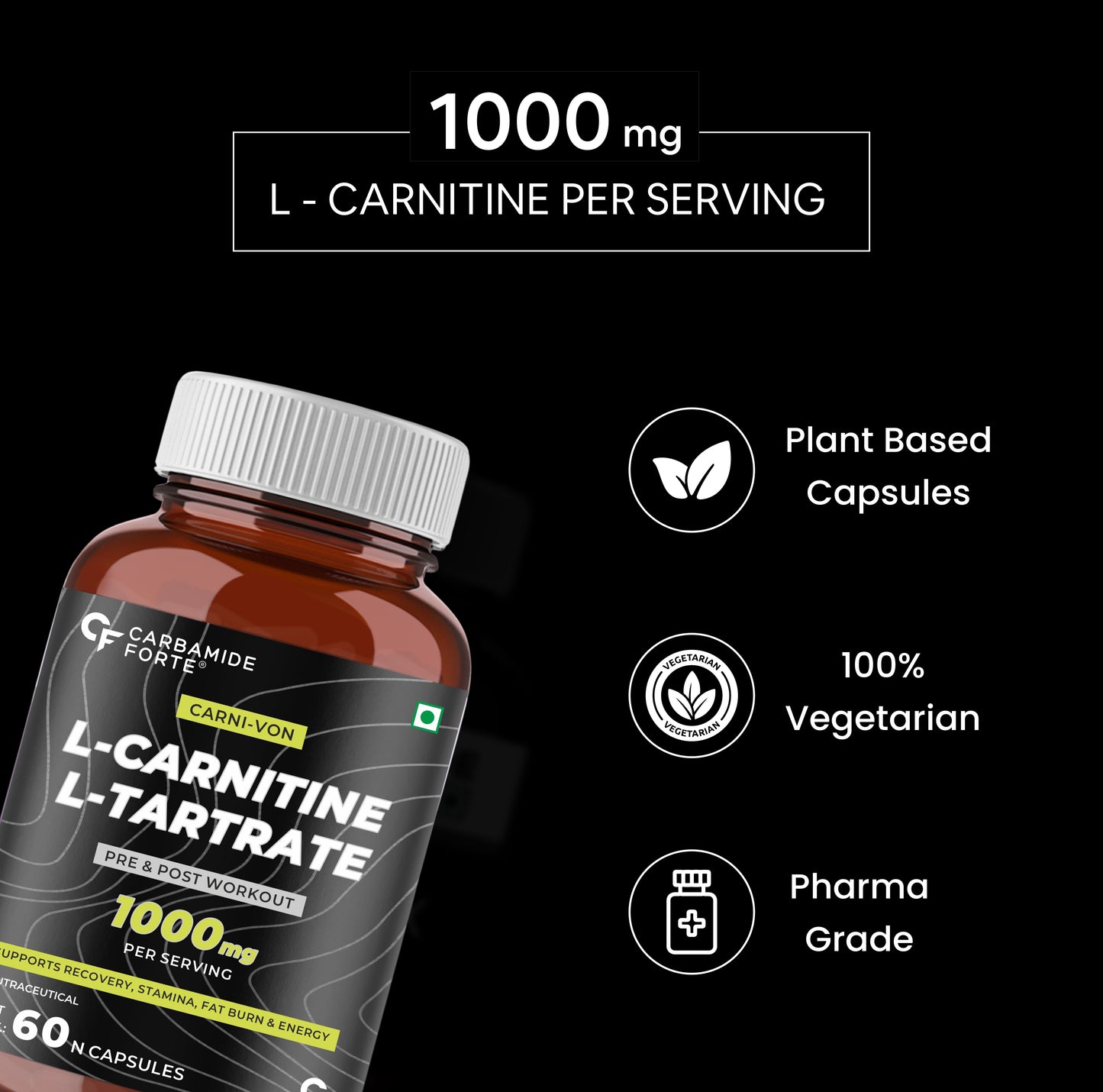 CF Carbamide Forte L Carnitine Supplement 1000mg Capsules for Men & Women | Pre Workout Supplement -Veg Capsules 60 Count