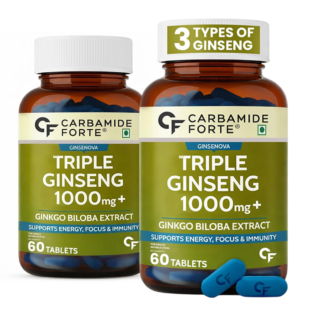Triple Ginseng 1000mg Supplement with Ginkgo Biloba for Energy, Focus & Stamina