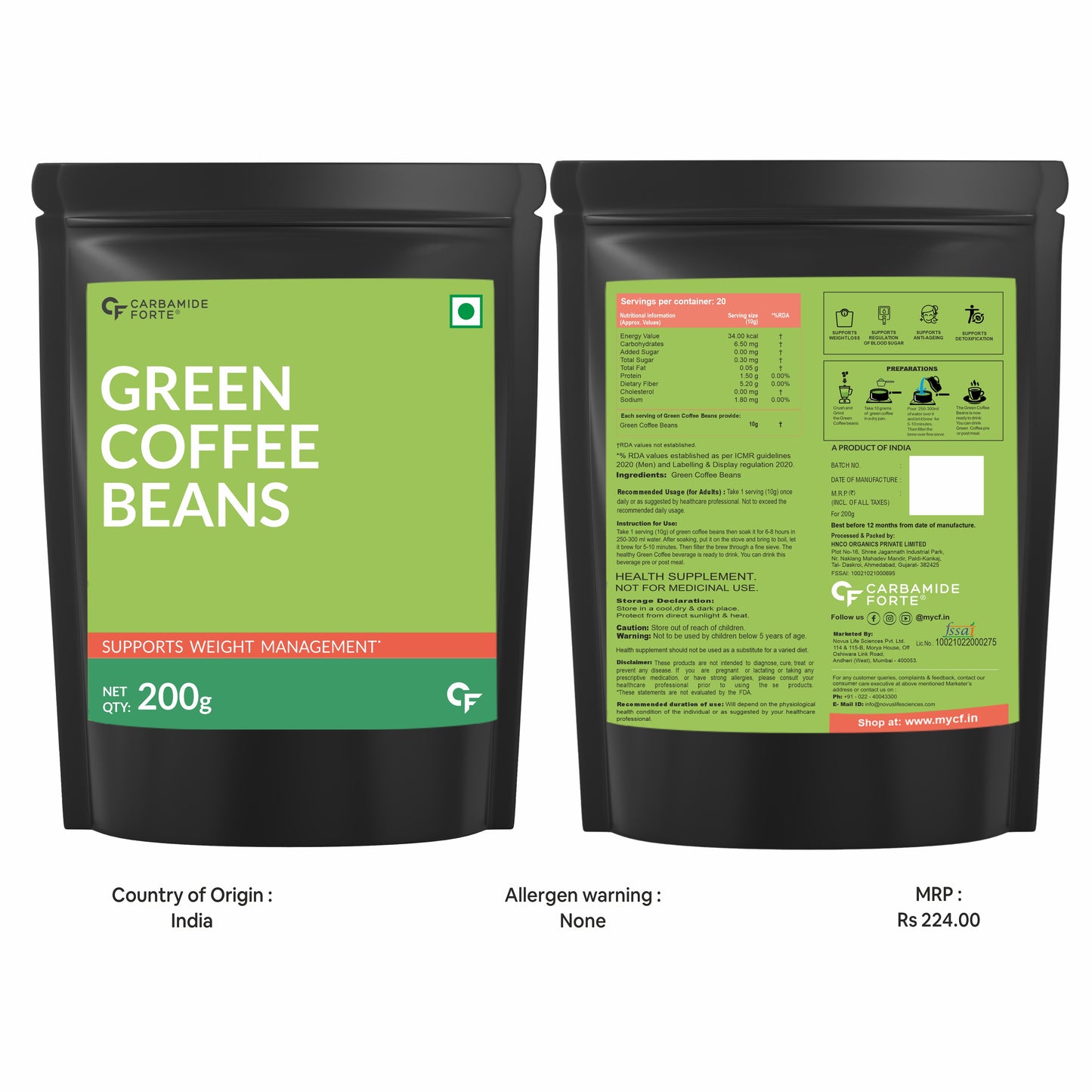 CF Green Coffee Beans - for Weight Loss with High CGA & High Caffeine | Unroasted Arabica Coffee Beans - 200g