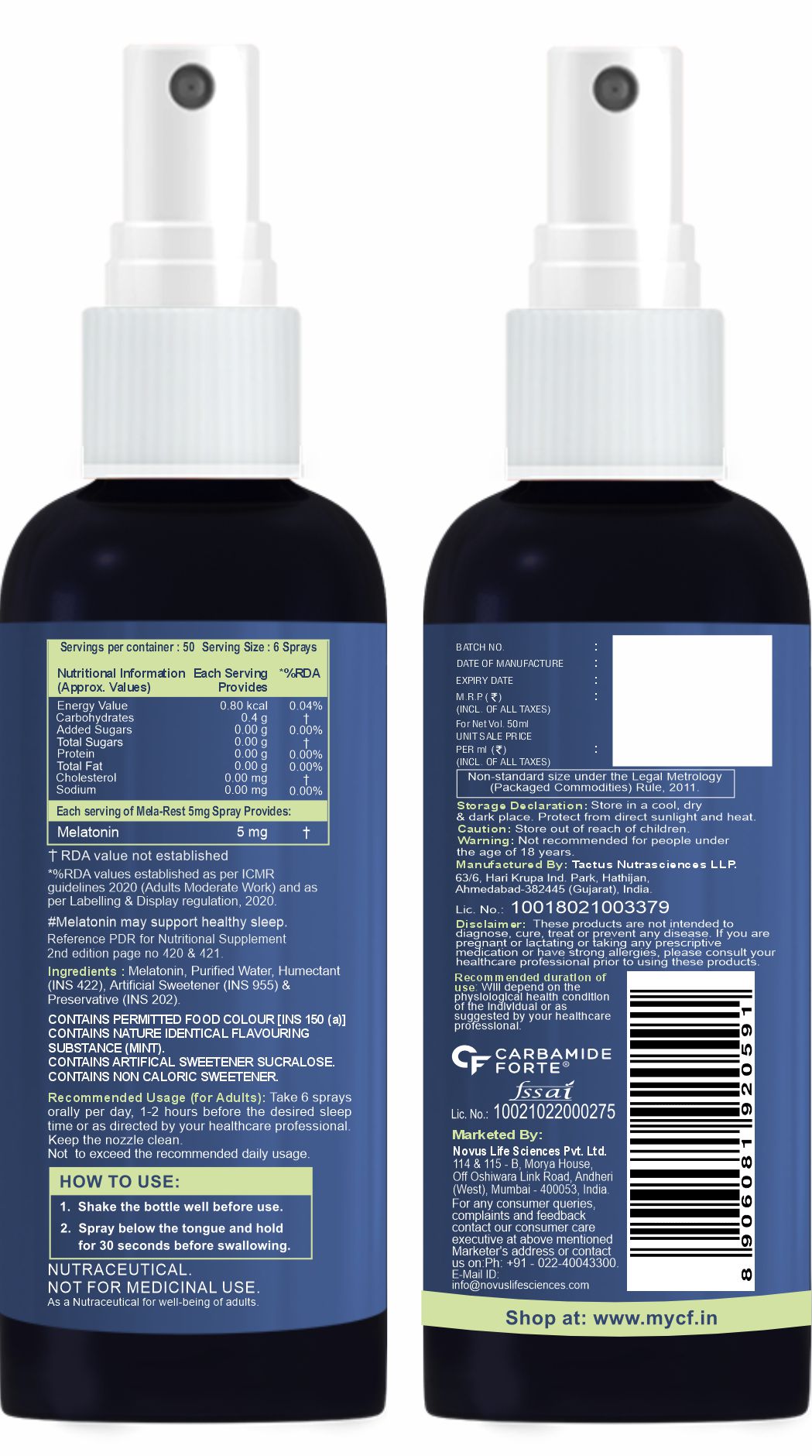 Carbamide Forte Melatonin 5mg Spray Per Serving - Sleeping Aid - 300 Sprays