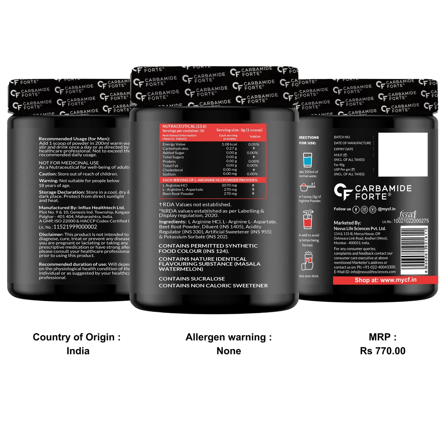 Carbamide Forte L Arginine Powder Supplement 3000mg | Pre-workout for men & women | L Arginine Supplement | Beet Root Powder - Masala Watermelon Flavour - 90g