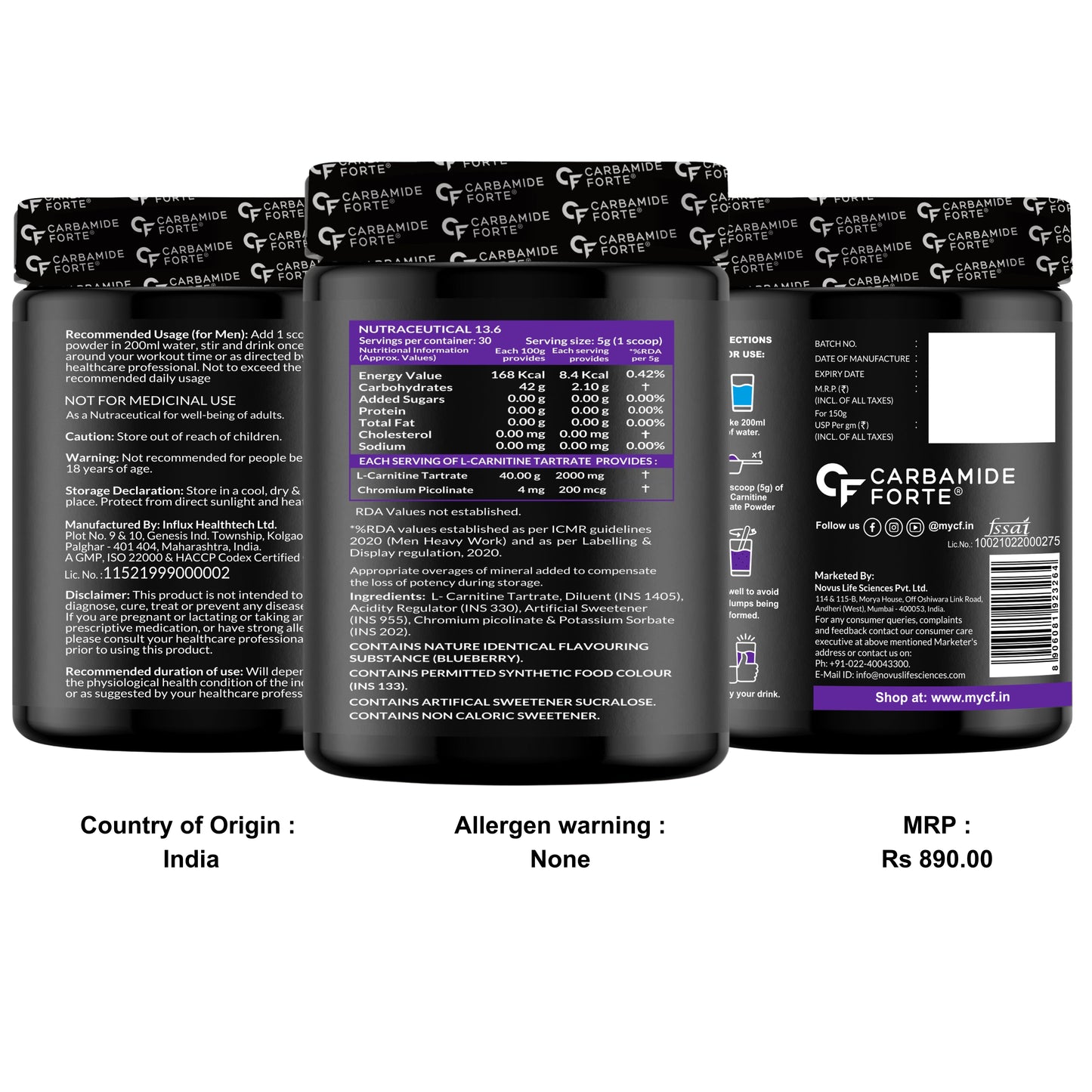Carbamide Forte L Carnitine Powder for Men & Women | L-Carnitine L Tartrate 2000mg Supplement For Women & Men | L Carnitine Powder Pre Workout, Intra Workout & Post Workout Supplement | L Carnitine Supplement Blueberry Flavour - 150g