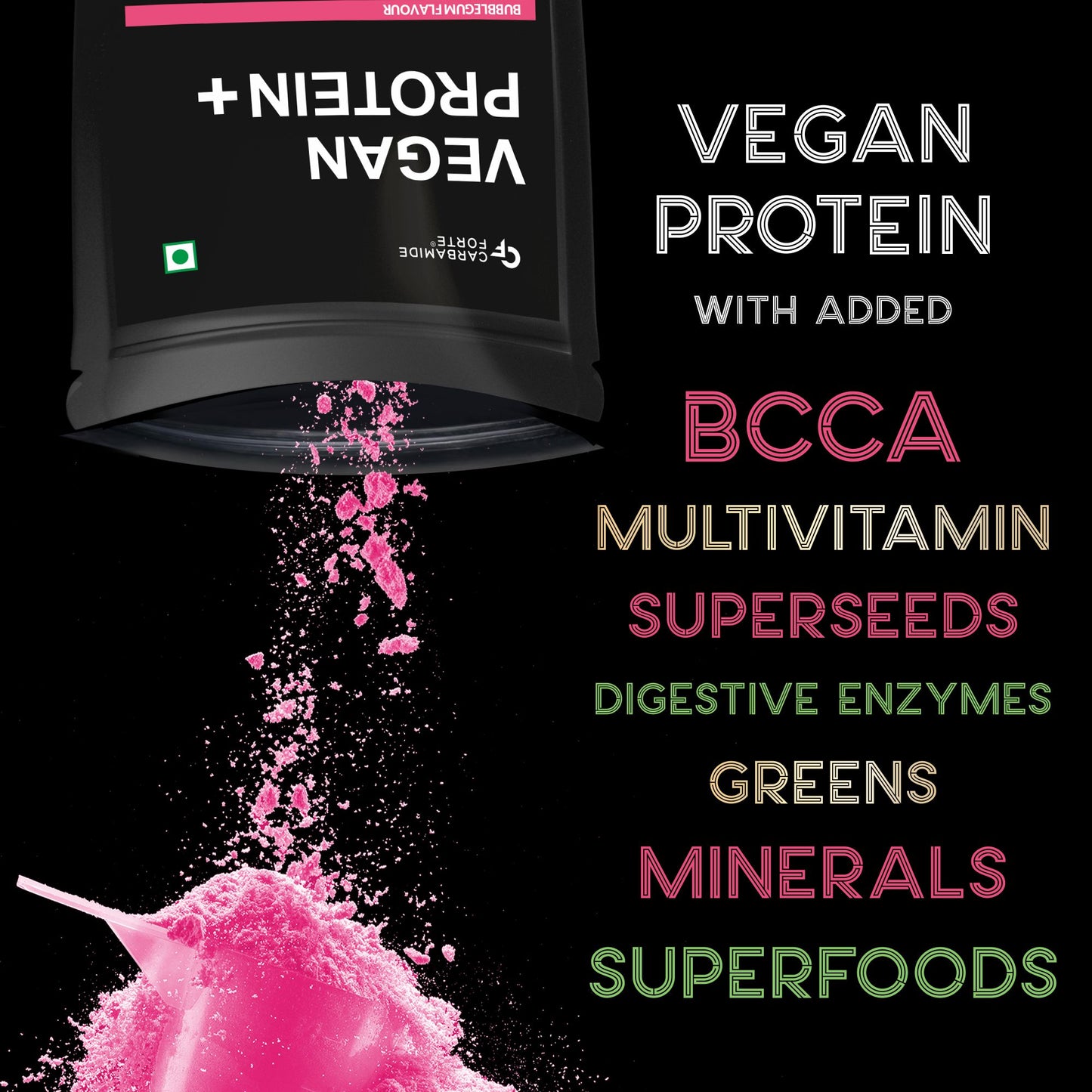 Carbamide Forte Plant Protein Powder - Plant Based Pea Protein Powder with Multivitamin, Minerals, Superfoods, Digestive Enzymes - Bubble Gum Flavour - 500g
