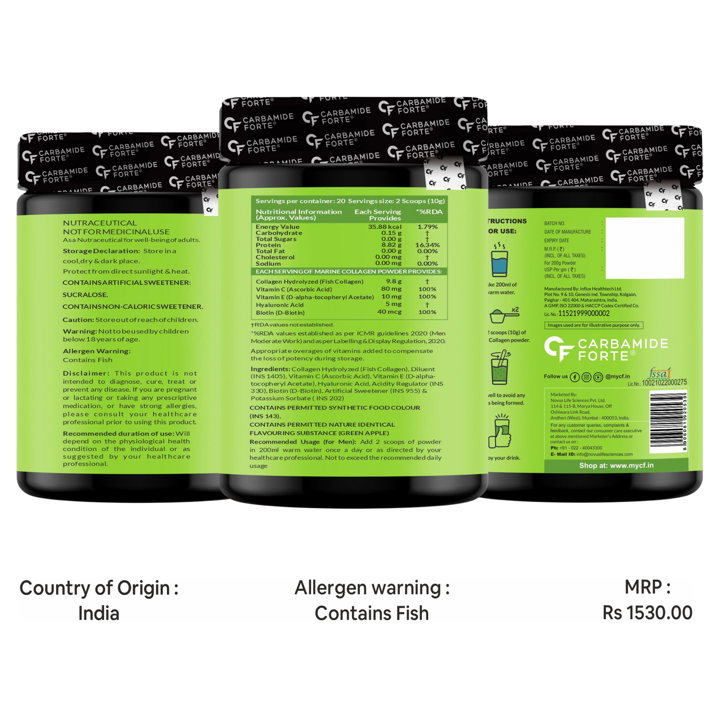 Carbamide Forte Marine Collagen Powder Supplement - for Skin Fish Collagen Powder for Women & Men - 200g Powder - Green Apple Flavour