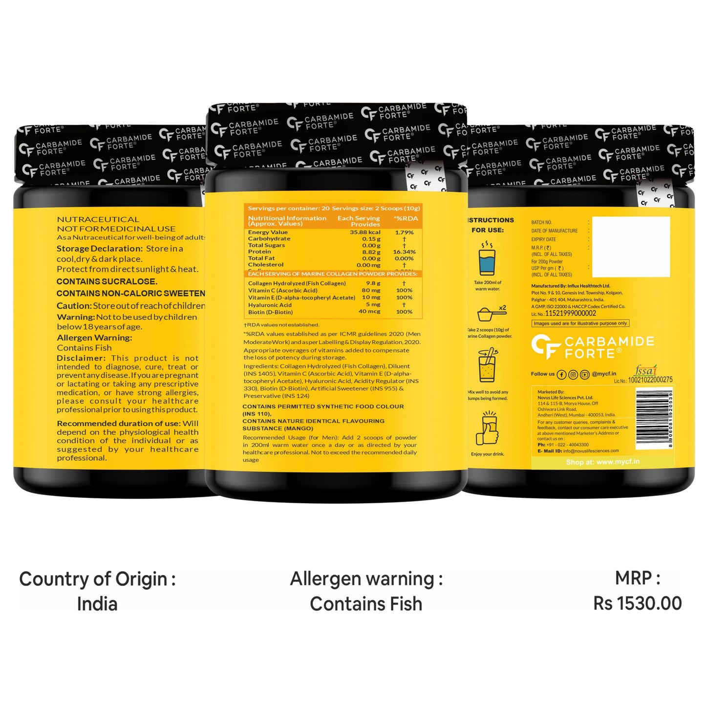Carbamide Forte Marine Collagen Powder Supplement - for Skin Fish Collagen Powder for Women & Men - 200 Grams Powder - Alphanso Mango Flavour
