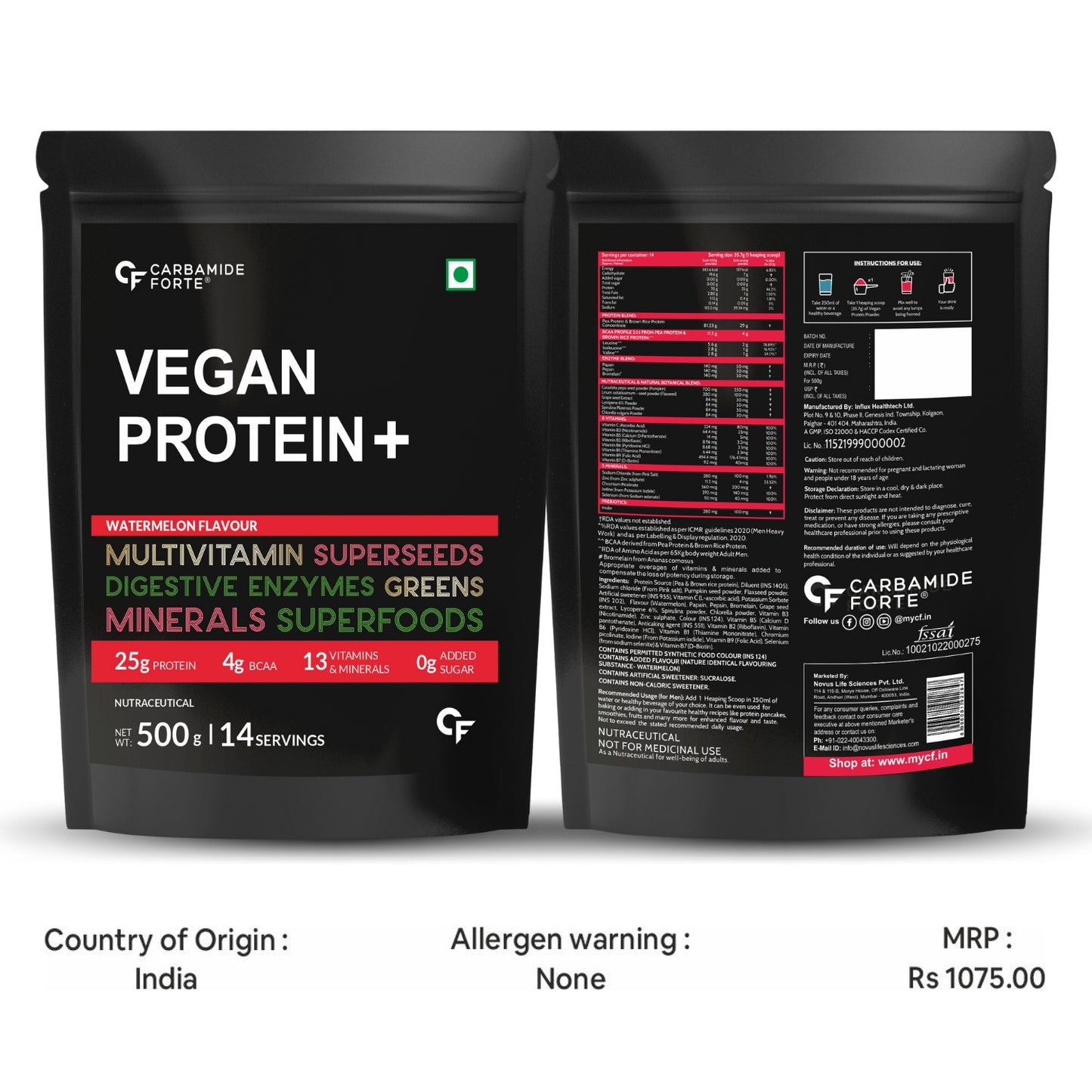Carbamide Forte Vegan Protein Powder - Plant Based Pea Protein Powder with Multivitamin, Minerals, Superfoods, Digestive Enzymes - Watermelon Flavour - 500 Grams, 1 Scoop