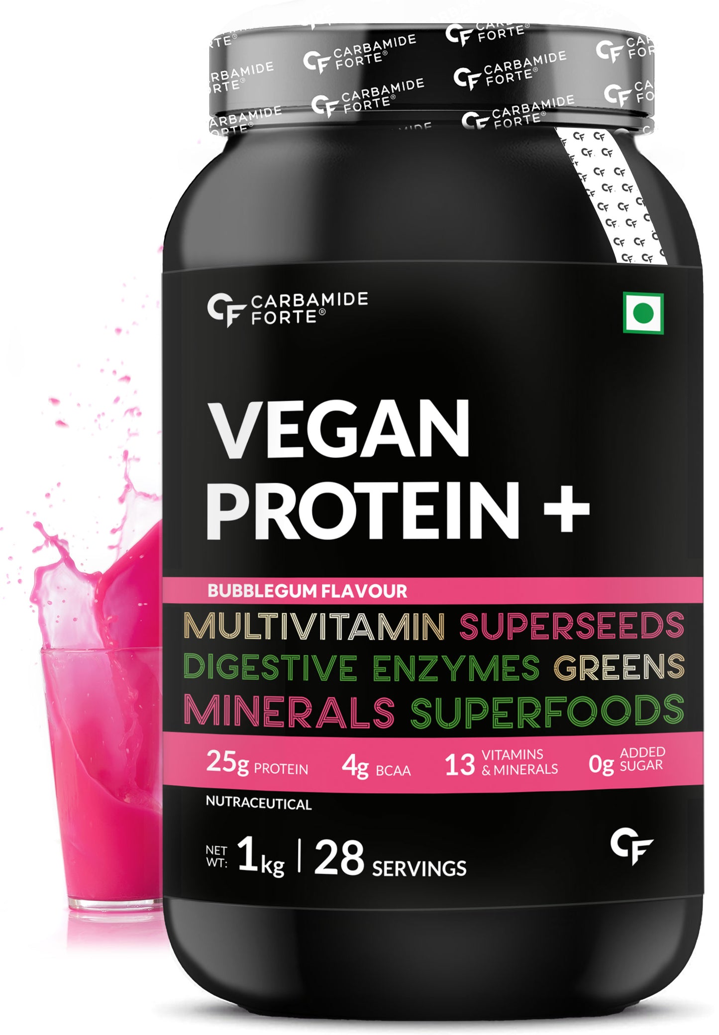 Carbamide Forte Plant Protein Powder - Plant Based Pea Protein Powder with Multivitamin, Minerals, Superfoods, Digestive Enzymes - Bubble Gum Flavour - 1Kg