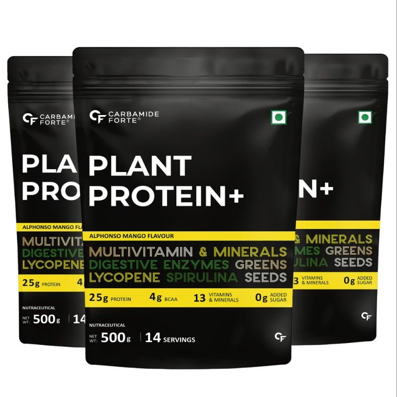 Carbamide Forte Vegan Protein Powder - Plant Based Protein Powder with Multivitamin, Minerals, Superfoods, Pea Protein, Digestive Enzymes | Plant Protein Powder - Alphonso Mango Flavour - 500g