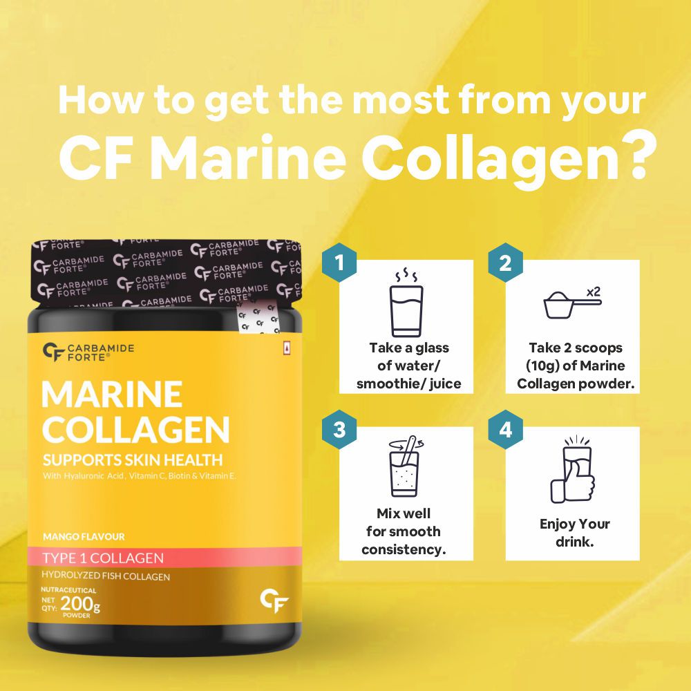 Carbamide Forte Marine Collagen Powder Supplement - for Skin Fish Collagen Powder for Women & Men - 200 Grams Powder - Alphanso Mango Flavour