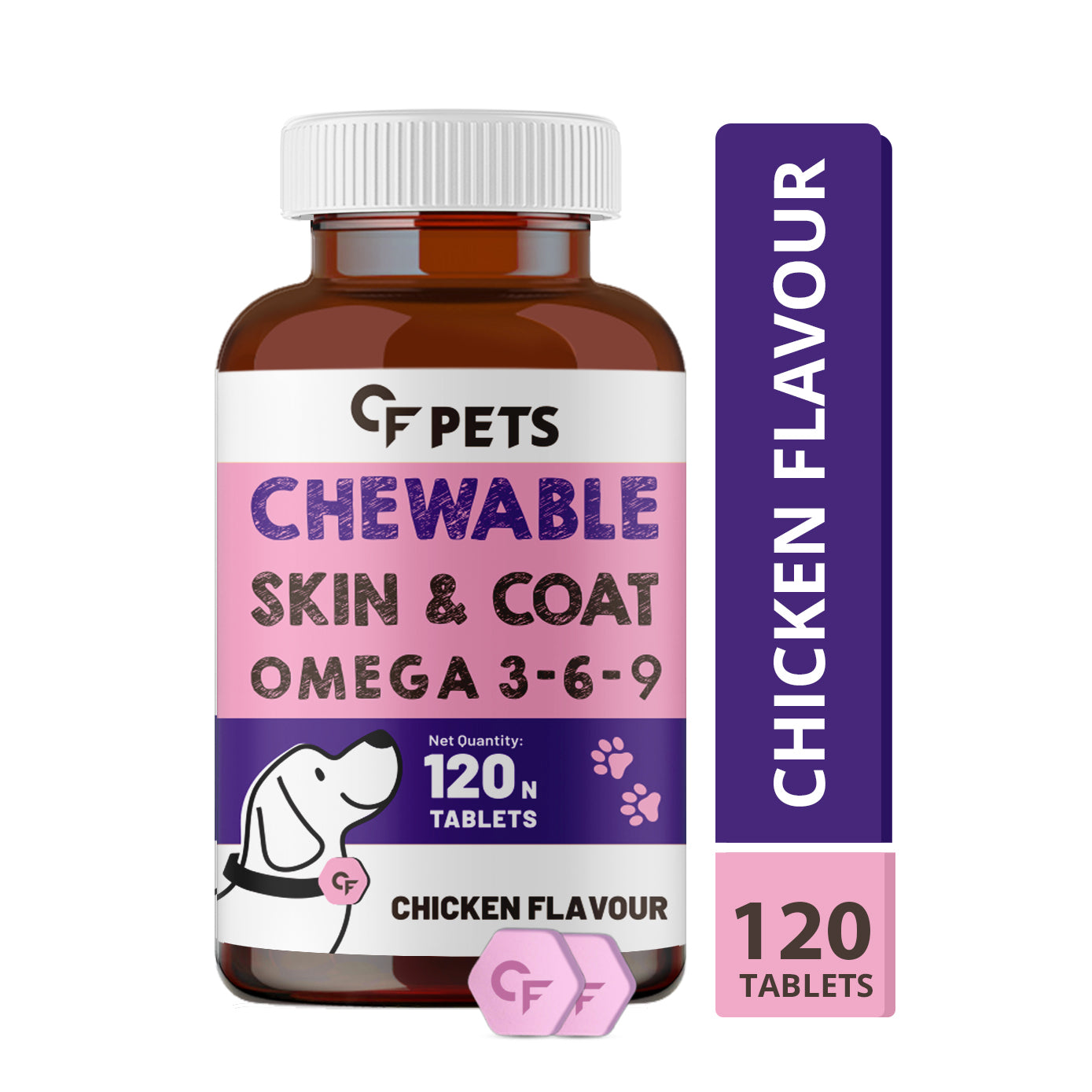 CF Pets Skin and Coat Tablets for Dogs & Cats with Veg Omega 3 Algal DHA, Biotin and Vitamin C for Skin Health & Shiny Coat | Chicken Flavour - 120 Tablets