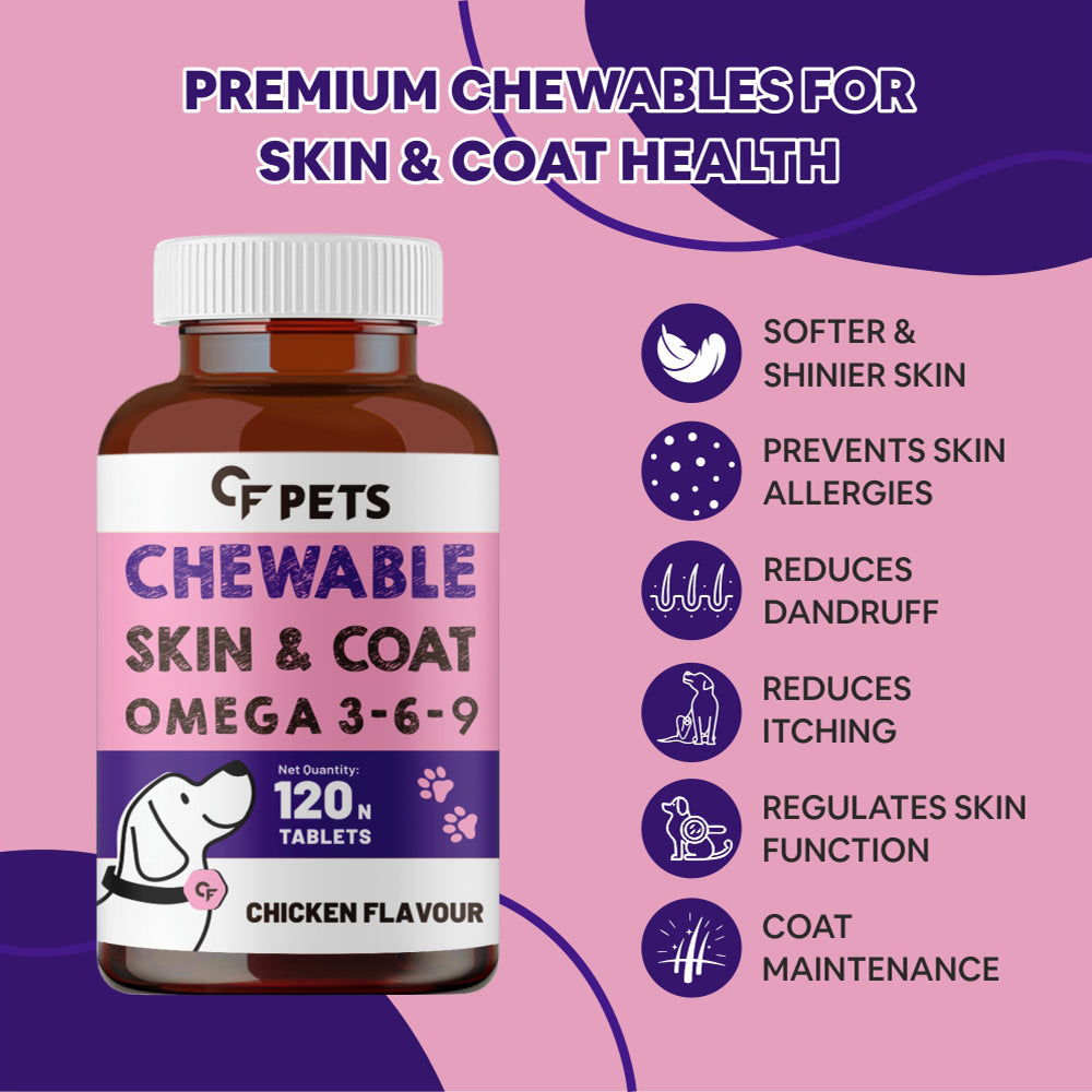 CF Pets Skin and Coat Tablets for Dogs & Cats with Veg Omega 3 Algal DHA, Biotin and Vitamin C for Skin Health & Shiny Coat | Chicken Flavour - 120 Tablets