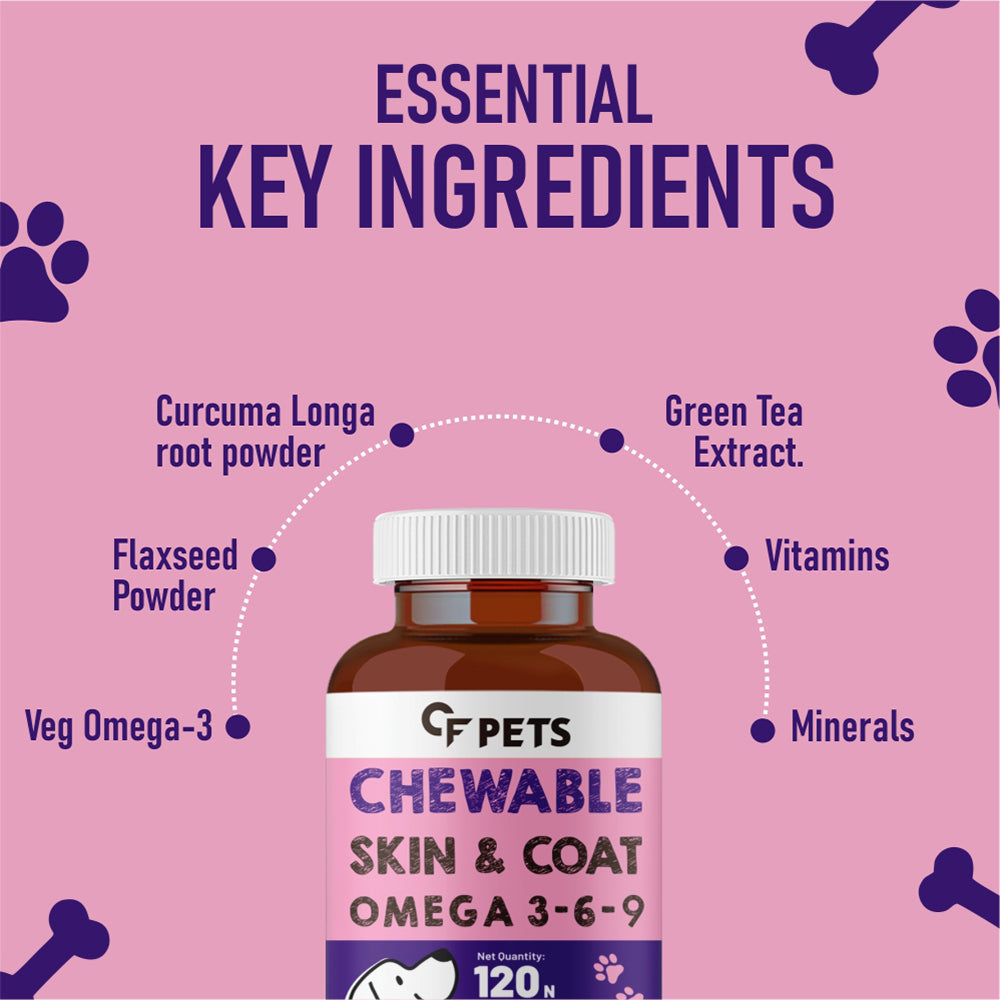 CF Pets Skin and Coat Tablets for Dogs & Cats with Veg Omega 3 Algal DHA, Biotin and Vitamin C for Skin Health & Shiny Coat | Chicken Flavour - 120 Tablets