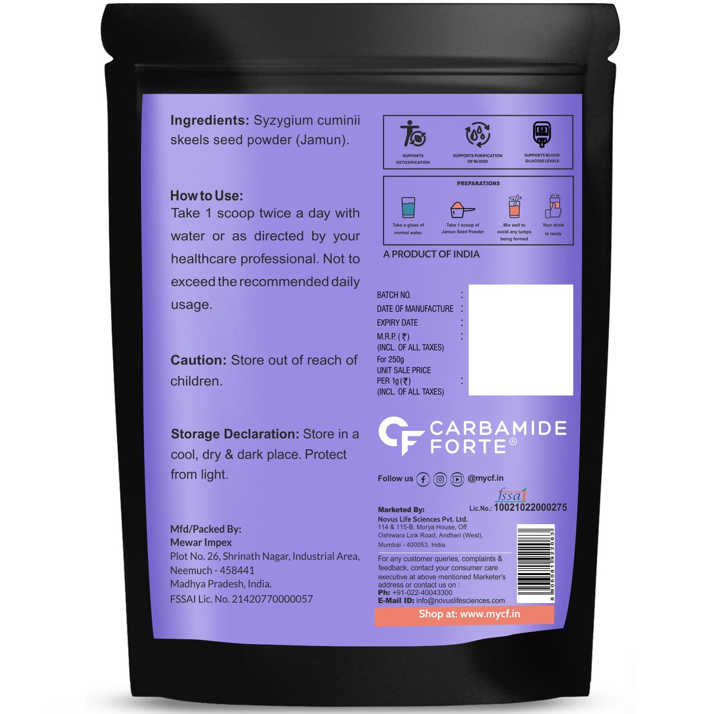 Carbamide Forte Jamun Seeds Powder for Healthy Blood Sugar Levels, Blood Purification & Detoxification | 100% Natural with No Added Preservatives - 250g