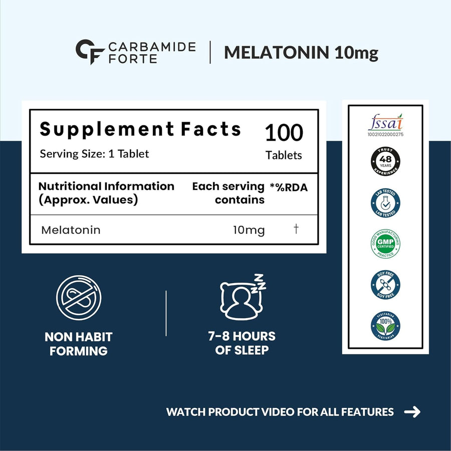 Carbamide Forte Melatonin 10 mg Pills | Sleep Supplement for Better Sleep | Melatonin Tablet for Restful Deep Sleep - 100 Veg Tablets