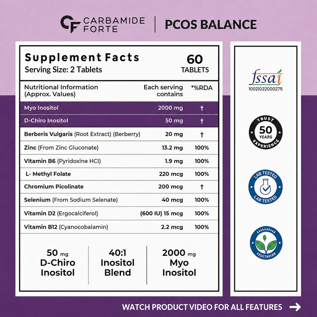 PCOS Supplement With Myo-Inositol & D-Chiro Inositol 2000 mg | 40:1 Potency