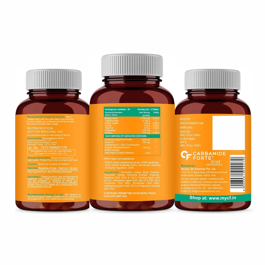 Carbamide Forte Curcumin Tablets with Piperine and 95% Curcuminoids | Anti inflammatory Supplement for Adults | With Curcuma Longa, Turmeric & Ginger Root extract | 60 Veg Tablets