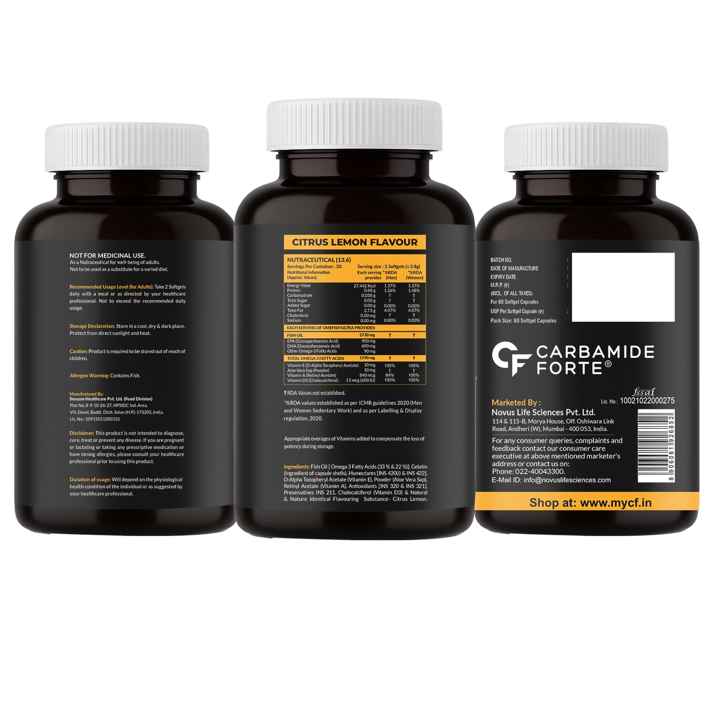 Carbamide Forte 5X Strength Omega 3 fish oil capsules 2730mg with Omega 3 supplement 1590mg and added vitamin A, D, E & Aloevera for Men & Women - Softgel Capsules 60 Count