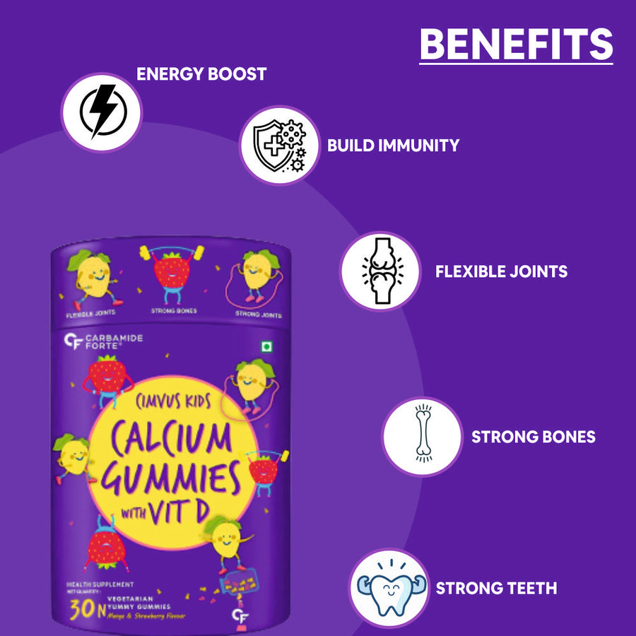 Carbamide Forte Calcium with Vitamin D Gummies for Kids | Calcium Gummies for Kids for Stronger Bones, Joints & Teeth & Immunity - Mango & Strawberry Flavour - 30 Veg Gummies