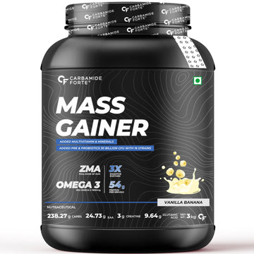 Carbamide Forte Mass Gainer With 54G Protein, 250G Carbs, Multivitamin, Zma & Creatine 3G Powder- Vanilla Banana Flavour Weight Gainer - 3 Kg