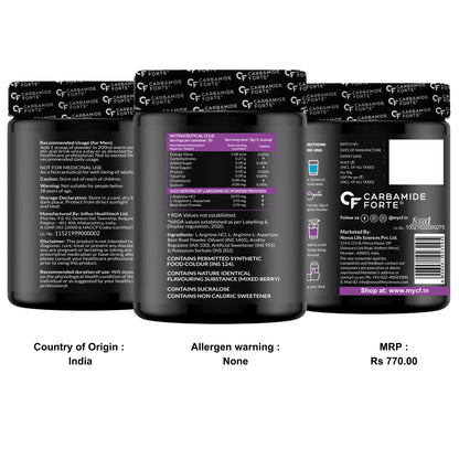 Carbamide Forte L Arginine Powder Supplement 3000mg | Pre-workout for men & women | L Arginine Supplement| Beet Root Powder - Mixberry- 90g