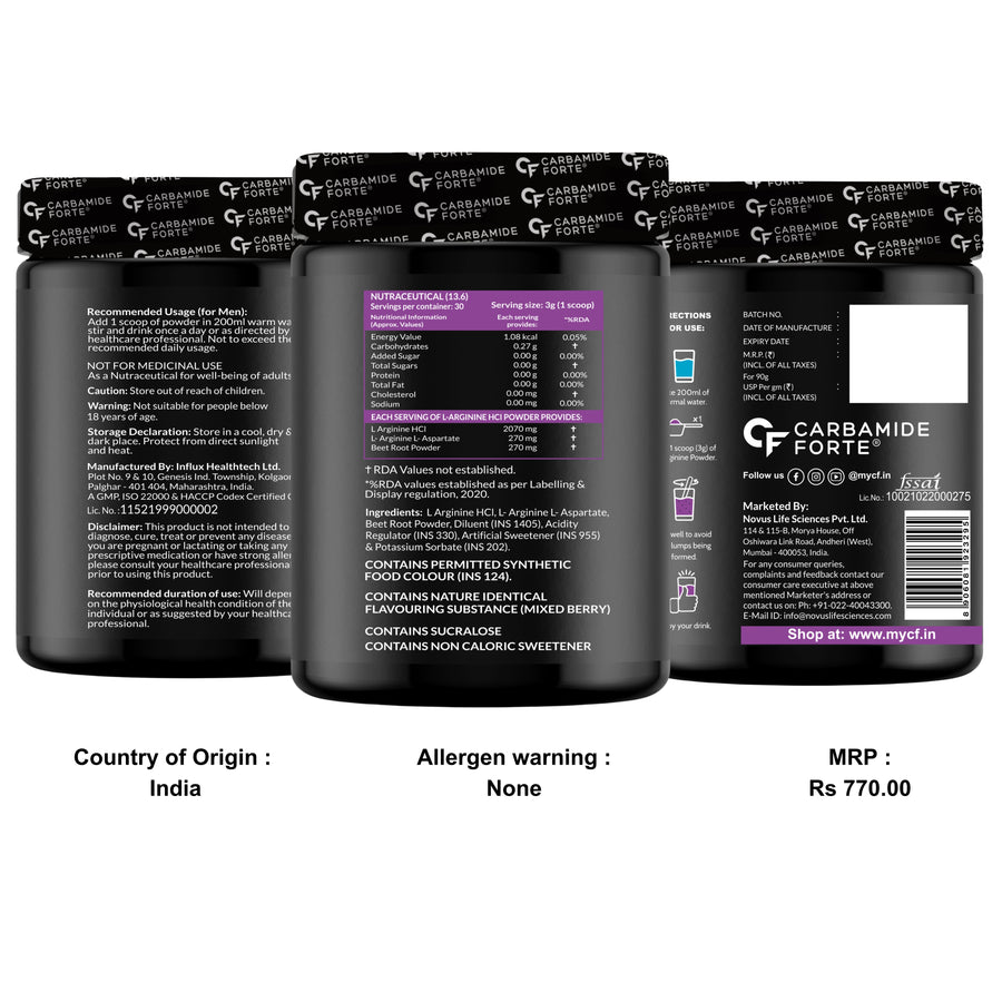 Carbamide Forte L Arginine Powder with Beetroot 3000mg - Mix Berry Flavour - 90g