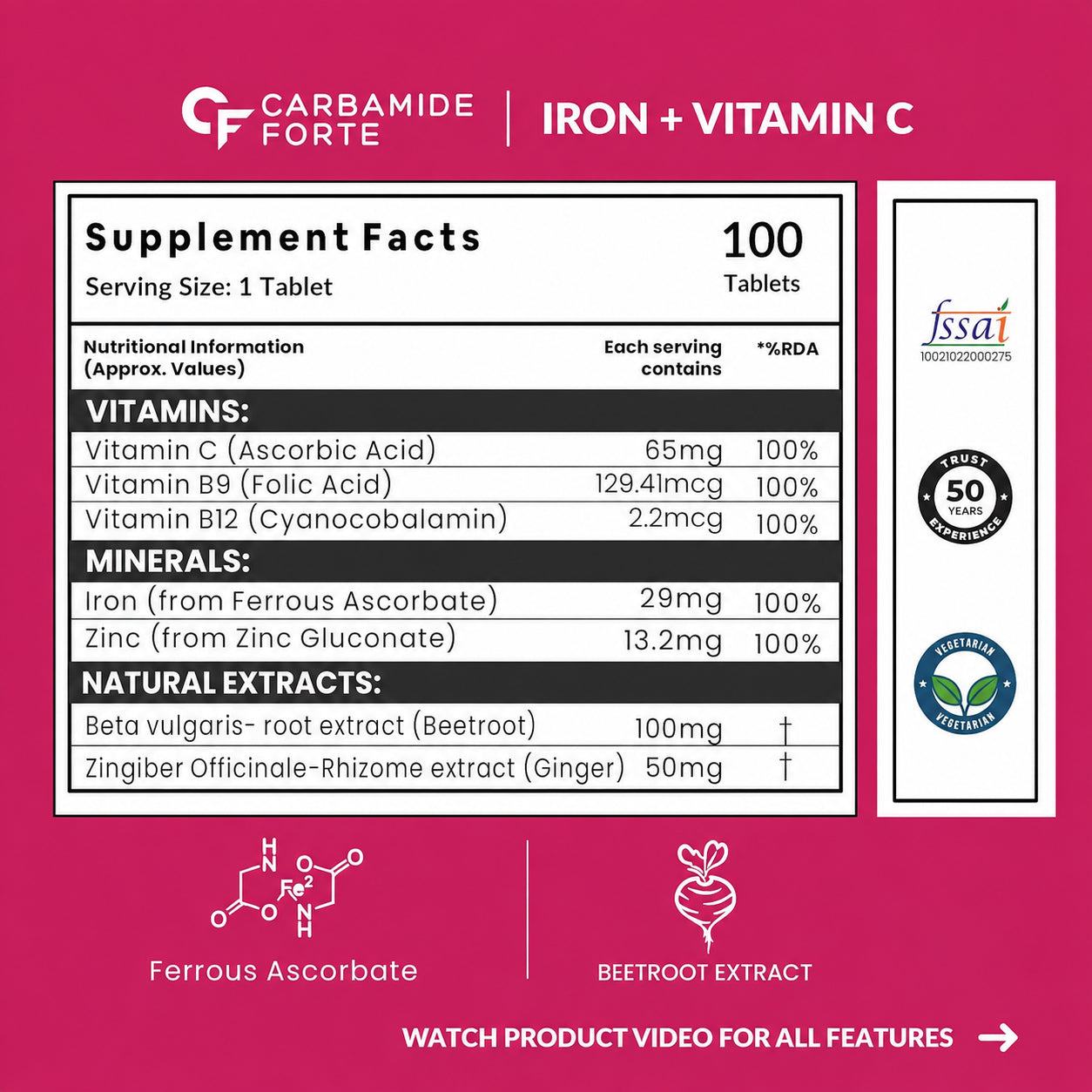 Chelated Iron with Vitamin C, B12 & Zinc – 100 Tablets