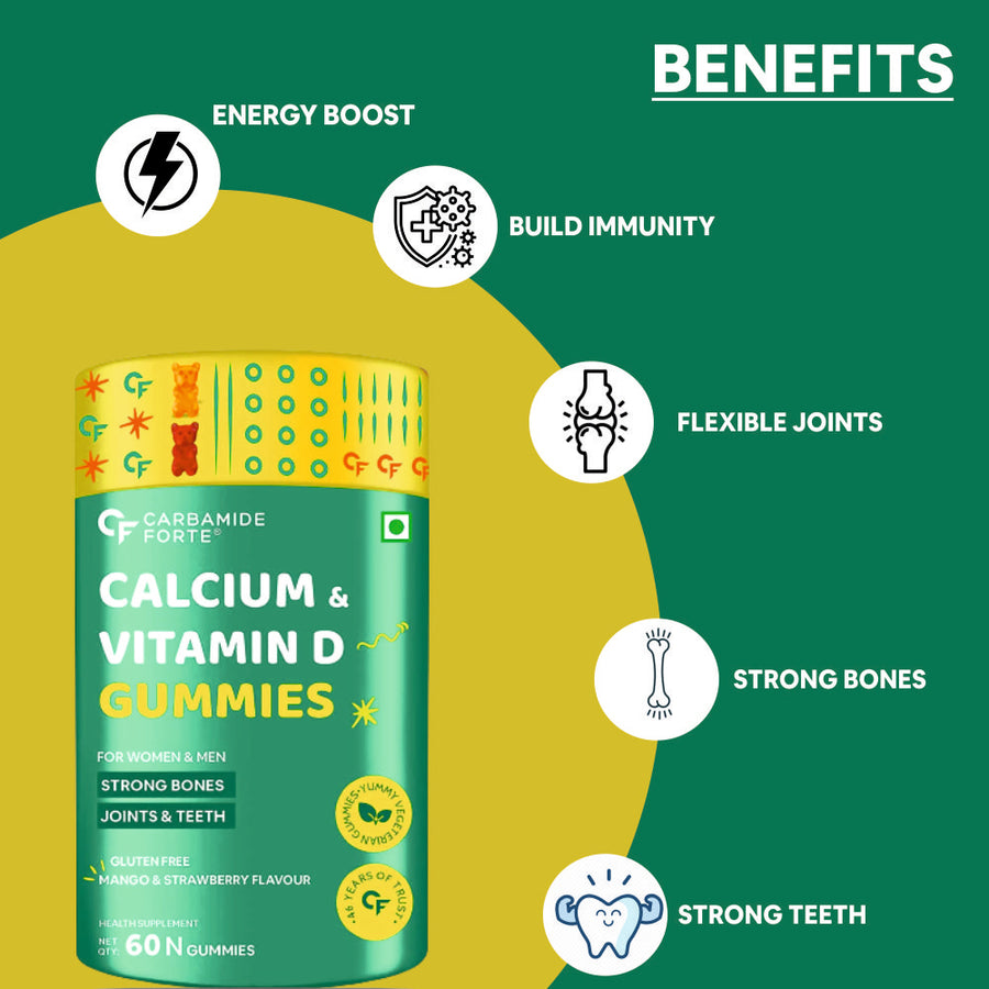 Carbamide Forte Calcium with Vitamin D Gummies for Men & Women| Calcium Gummies for Women & Men for Stronger Bones, Joints & Teeth & Immunity - Mango & Strawberry Flavour - 60 Veg Gummies