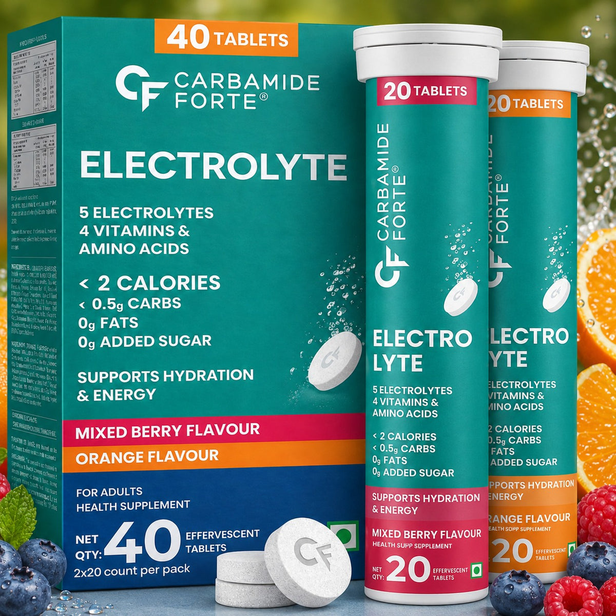Electrolyte Effervescent Tablets for Hydration & Energy – No Sugar | 20 Tablets x 2 - Carbamide Forte - Pack of 1