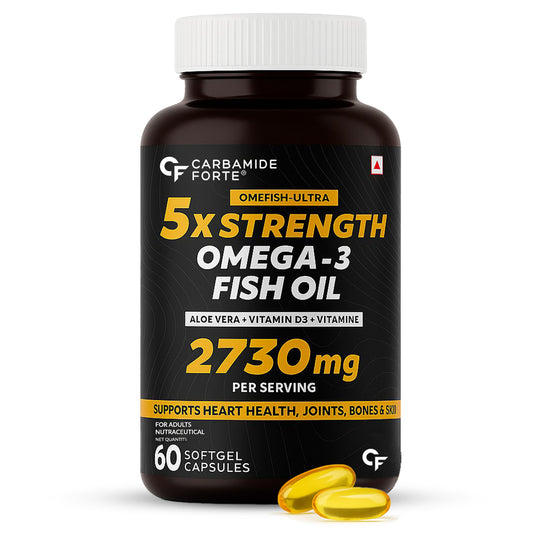 Carbamide Forte 5X Strength Omega 3 fish oil capsules 2730mg with Omega 3 supplement 1590mg and added vitamin A, D, E & Aloevera for Men & Women - Softgel Capsules 60 Count