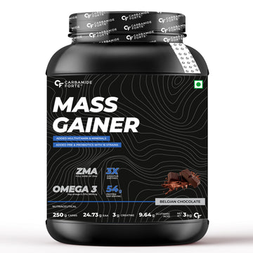 Carbamide Forte Mass Gainer with 54g Protein, 250g Carbs, Multivitamin, ZMA & Creatine 3g - Weight Gainer for Men & Women - Belgian Chocolate Flavour - 3 kg