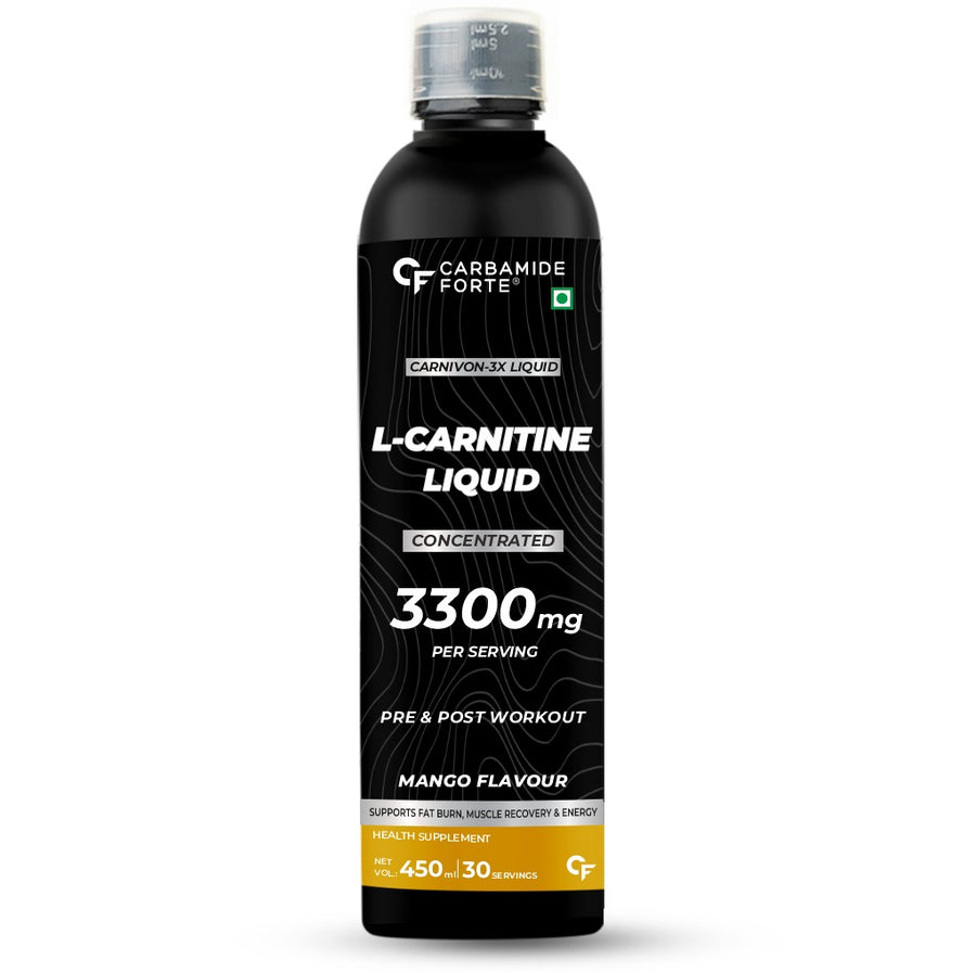 Carbamide Forte L Carnitine Liquid 3300mg | L-Carnitine Supplement For Men & Women | Liquid L Carnitine Pre Workout, Intra Workout & Post Workout Supplement With 3300 mg Per Serving With Added Vitamins | L’Carnitine Mango Flavour With 30 Servings - 450ml