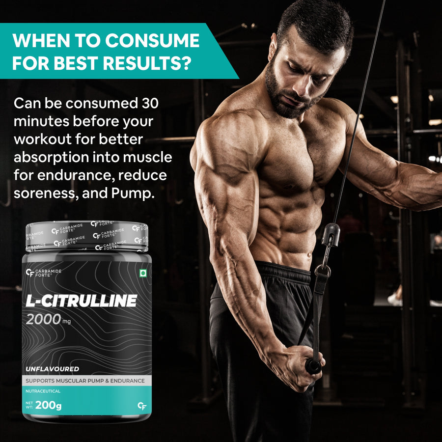 Carbamide Forte L Citrulline Powder 2000mg | Boosts Nitric Oxide, Pre Workout Supplements for Men & Women - Unflavoured - 100 SERVINGS - 200g