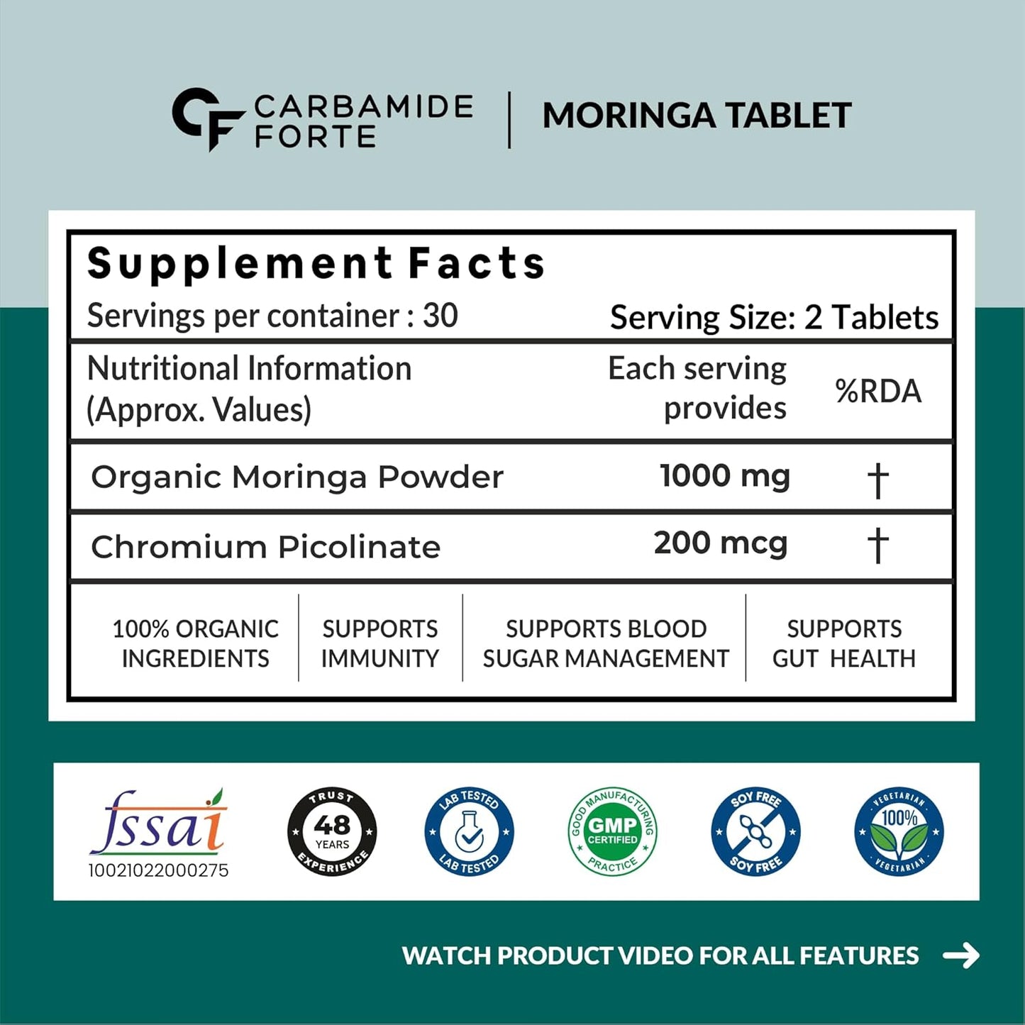 100% Organic Moringa 1000 mg | 60 Tablets