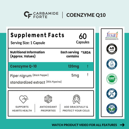 Carbamide Forte Coenzyme Q10 (Coq10 Supplement) 120Mg Supplement With Piperine 5Mg | Coq 10 120Mg Supports Heart Health & Cellular Energy 60 Capsules