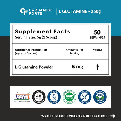 Carbamide Forte L Glutamine Powder 5000mg | L Glutamine Supplement for Men | Post Workout Muscle Recovery Supplements for Men - Unflavoured - 250 grams