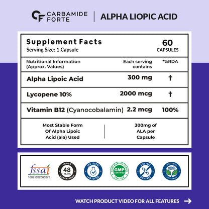 Carbamide Forte Alpha Lipoic Acid 300mg - ALA Capsules with Vitamin B12 & Lycopene | ALA Supplement | Supports Healthy Skin & Immunity - 60 Veg ALA Capsules