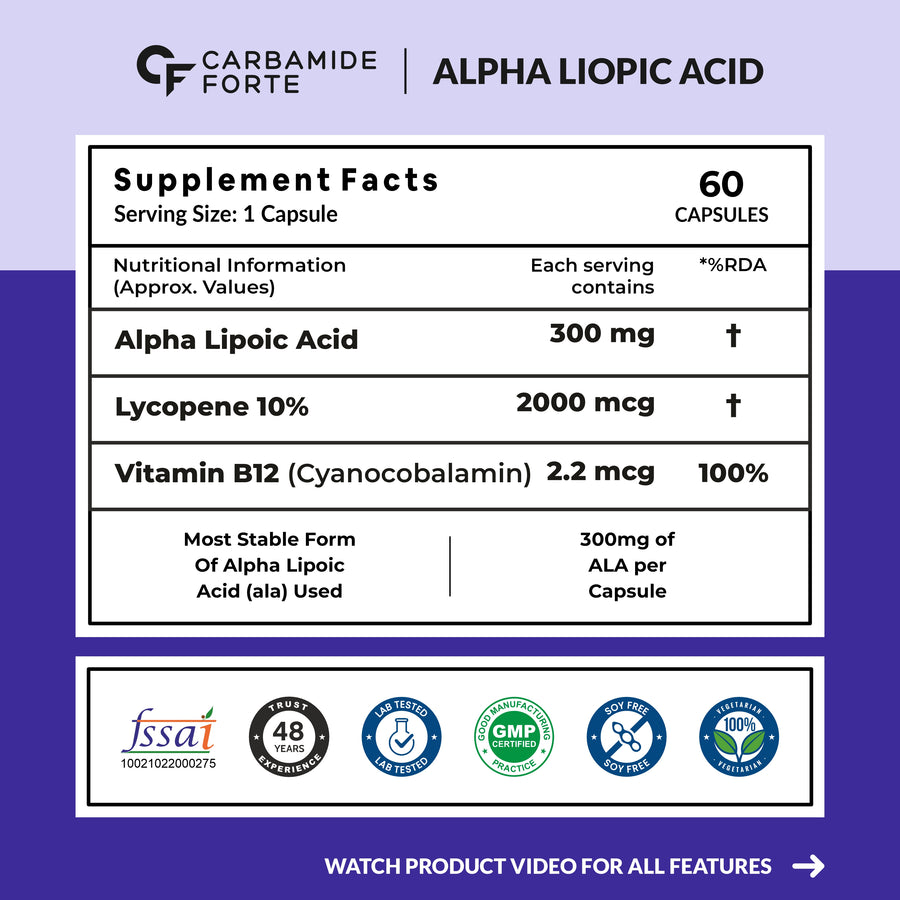 Carbamide Forte Alpha Lipoic Acid 300mg - ALA Capsules with Vitamin B12 & Lycopene | ALA Supplement | Supports Healthy Skin & Immunity - 60 Veg ALA Capsules