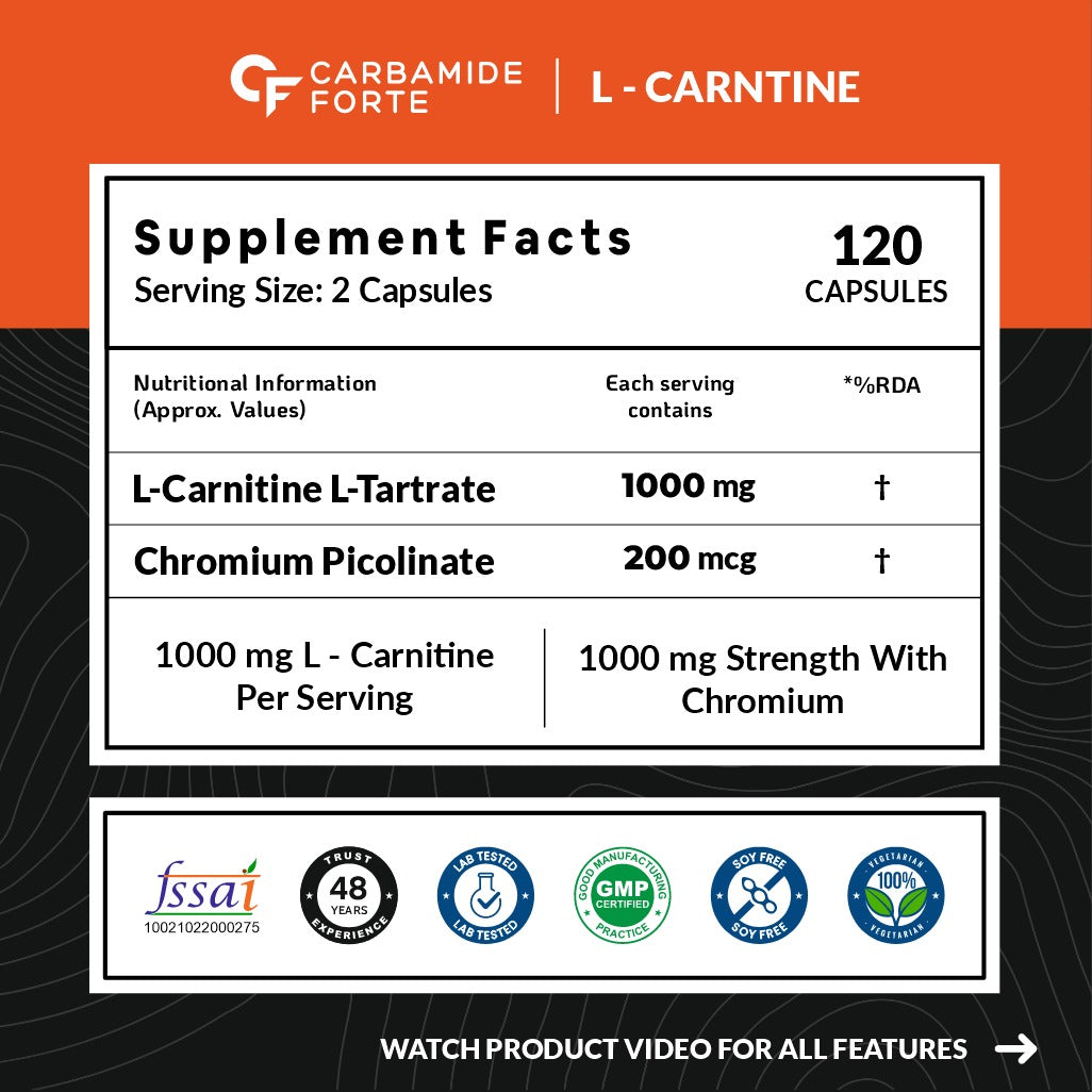 Carbamide Forte L Carnitine L Tartrate 1000mg Capsules for Men & Women | Pre Workout Supplement - 120 Veg Capsules